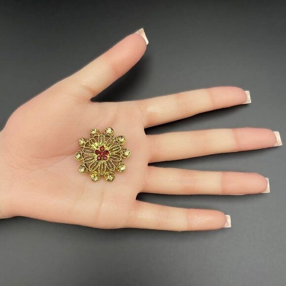 Yellow Gold with Champagne and Brown Topaz Crystal Ornate Flower Pin Back Brooch - Picture 7 of 7